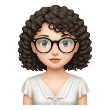 create a frontend girl that has a round face curly hair with a side curtain bangs and wears black rayban glasses doesnt smile with her teeth and white sticker