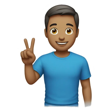 A portrait of a man with a short middle part haircut holding the peace sign and he is happy and he has a blue t shirt sticker