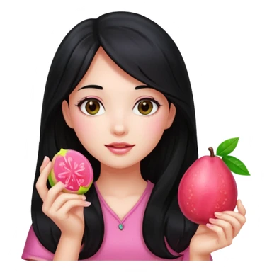 A girl with long black hair holding a piece of guava hard candy sticker