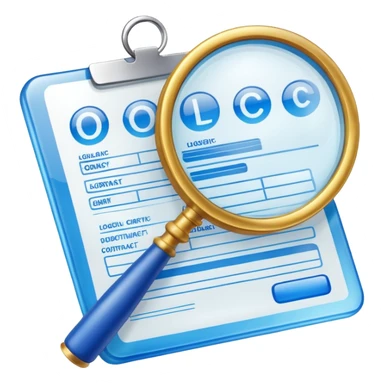create a realistic emoji showing a logistic contract with a magnifying glass with color blue and white glassy style sticker