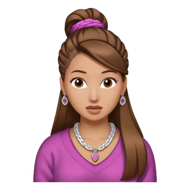 Chica blanca, pelo castaño recogido, jersey de invierno y Nicki sticker