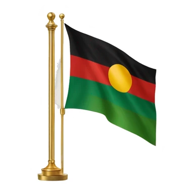 Flag with a horizontal tricolour of red, black, and green, charged with a golden rising sun over a golden bar sticker