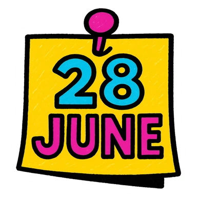 a playful, colorful note with a pin and '28 June' in bold text, pop colors style sticker