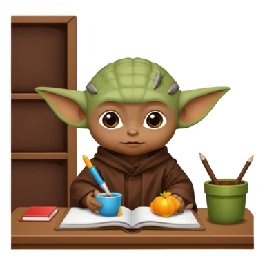 Baby Yoda con su tunica chocolate leyendo en un cuaderno sobre un escritorio en un aula de clases sticker