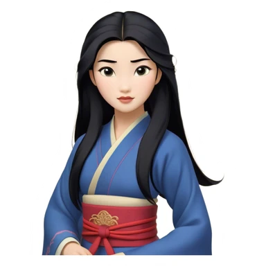 Cinematic Realistic Mulan Portrait, depicted with lifelike skin texture, soft natural lighting, and intricately detailed long black hair styled elegantly. Her deep, expressive eyes exude determination and grace, complemented by a serene yet confident expression. She is dressed in her classic attire, with rich fabric textures and delicate folds that catch the light beautifully. The portrait features a soft, enchanting glow with a natural, radiant finish, capturing the essence of timeless strength and beauty in a realistic and painterly style, evoking a sense of depth and authenticity. sticker