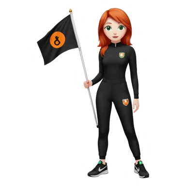 white girl wearing orange cameo trousers and along sleeve high neck black bodysuit with black and white Nike trainers. she has red hair and bluey green eyes and is holding flag with her logo on  sticker