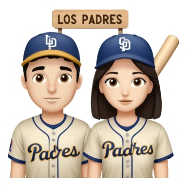 Couple in a game with brunette hair but white skin. They are girlfriend and boyfriend. Not sibling. Girl has medium cheeks and freckles on the nose. The boy has black hair and prominent eyebrows with egipcian nose. Both are wearing “Los Padres” baseball jerseys and with a sign that says “Go Padres” sticker