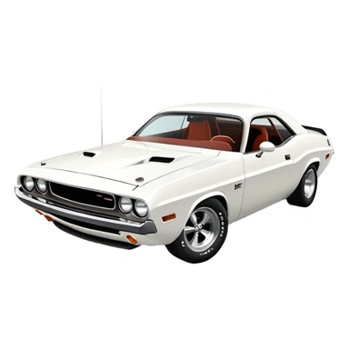 Structurally accurate white 1971 Dodge Challenger from Death Proof, perfect three-quarter perspective at 30 degrees, consistent proportions, detailed front end and side profile, all white, iOS emoji style sticker