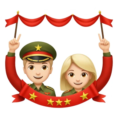 Happy Victory day। A banner is standing with a boy on one side and a girl on the other. sticker