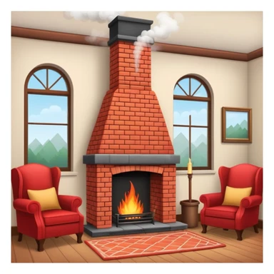 cozy red brick fireplace with a tall chimney and smoke rising from the chimney sticker