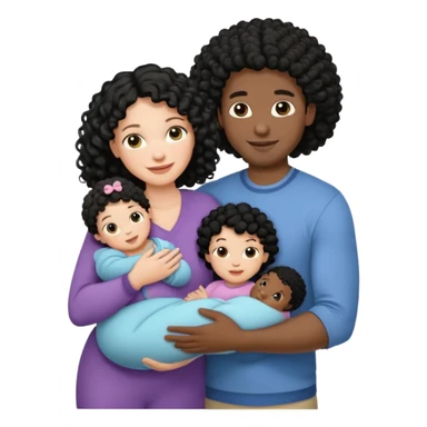 family: white woman curly black hair, black man with short black frizz hair, one 2 y o daughter , and a newborn in the and of the mother sticker