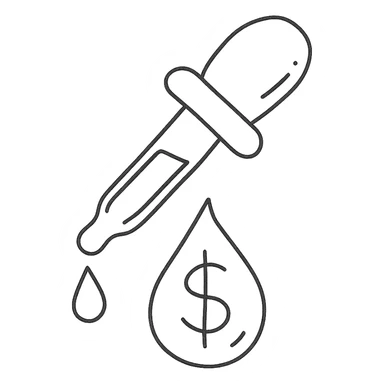 hand-drawn outlined pipette with a golden drop, dollar sign inside the drop sticker