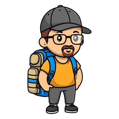 adventurer with goatee beard (no beard on cheeks), short hair, glasses, backwards baseball cap and backpack sticker