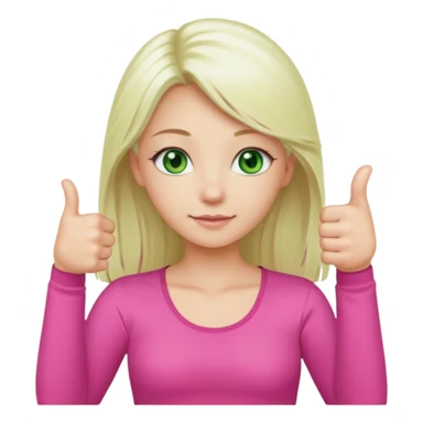 Long platinum blonde hair girl with green eyes in  pink top showing a thumbs up sticker