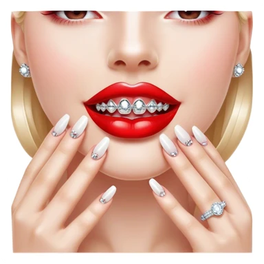 Glossy, bright red lips slightly parted. Inside, sparkling braces adorned with diamonds. A playful tongue touching the teeth. A long, elegant fingernail with a soft white shade. Highlights and reflections on the lips and teeth create a luxurious effect. sticker