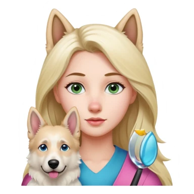 White European young woman with blue-green eyes and long blond hair with her white German Shepherd dog,the Dog has a pink nose and short fur  and Brown eyes sticker
