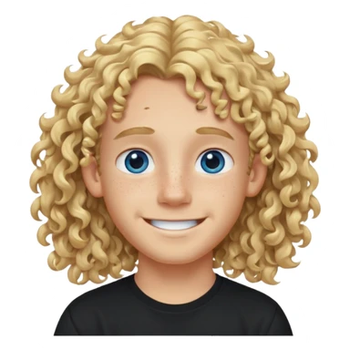 blonde boy with long curly hair past his ears, smiling, wearing a black shirt with freckles and blue eyes sticker