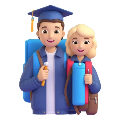 memoji of a college student, smiling, casual clothes, holding a backpack, friendly expression, wearing a graduation cap sticker