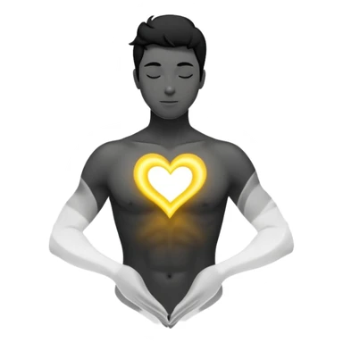 minimalist b&w male silhouette with flowing black-and-white curves across the lower body, now overlaid with a small, softly glowing spark or radiant light near the chest or head — heart symbolizing inspiration, inner fire, and creative energy awakening” yellow glow sticker