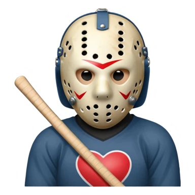 a cartoon image of Jason Voorhees, looking cute, with his hands clasped in front of him, at a sideways angle, looks like he is in love sticker