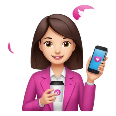 Social media manager. She has dark brown hair, brown eyes, a friendly smile. She is holding a smartphone and a coffee cup. Include subtle marketing elements like small icons of hashtags or a speech bubble, instagram logo. Use vibrant colors with a focus on pink and fuchsia tones. sticker
