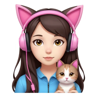 gamer girl with long dark brown hair, light skin, big brown eyes, cute, pink headset with cat ears, blushing softly and naturally, beautiful sticker
