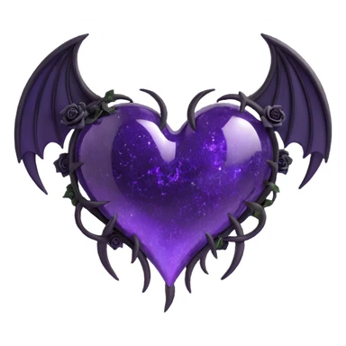 3D emoji gothic heart, purple glass, crescent moon, black roses, devil wings, iridescent stardust, white lightning, glossy rain effect, fractured glass texture sticker