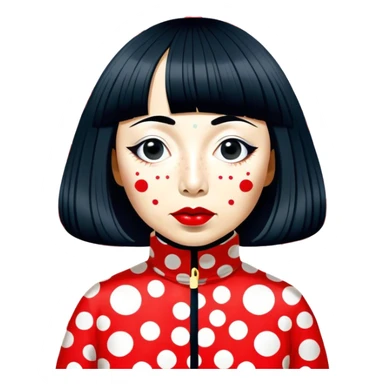 Yayoi Kusama – Cinematic Realistic Portrait of Yayoi Kusama, depicted as an avant-garde artist with an eccentric, captivating expression surrounded by her iconic polka dot patterns, rendered with vivid textures and imaginative lighting that evokes her unique, surreal creative world. sticker