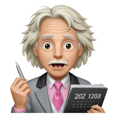 Doc Brown, in Back to the Future, with his hair all over the place and his mouth wide open. No glasses. Wearing a silver dress with black trim, a pink collared shirt and a white tie, holding a calendar.  sticker