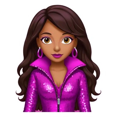 Mya, R&B Singer with dark brown long hair, meganta sequin outfit sticker