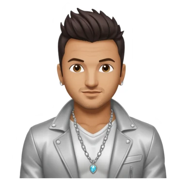Peter Andre with dark brown hair, shirtless with necklace, silver jacket sticker