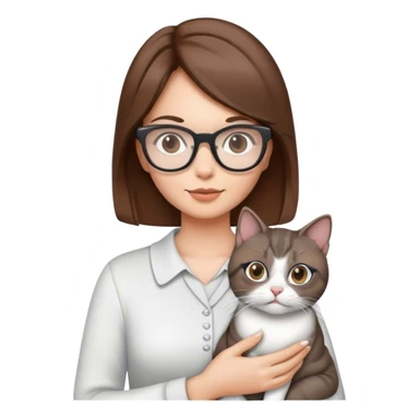 una mujer con cabello café y lentes blancos con una gata entre sus brazos de color gris sticker