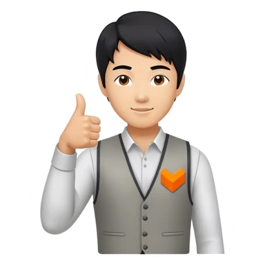 Black hair asian man giving a thumbs up. Wearing a plain grey vest that has a very small logo on it, which shows a square in solid orange color and a simple white capitalized "Y" inside of it. sticker