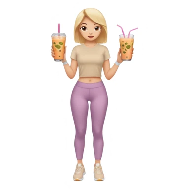a young woman full length in a beige top and leggings and white sneakers with a passion fruit smoothie in one hand and a salmon poke bowl in the other hand sticker
