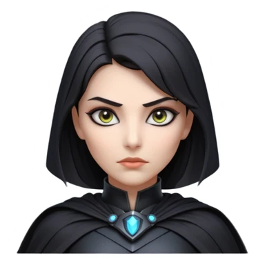 dark sci-fi villain female portrait, head and shoulders only, black armor, cape collar, intense eyes, sharp confident expression, subtle futuristic makeup, dramatic lighting, 3D cartoon, mobile game icon style, clean background, no text, no watermark
 sticker