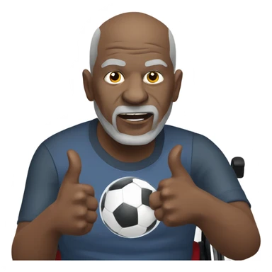 old black bald man with a protruding round belly in wheelchair. angry face. grey stubble. he is pointing finger in front. Arsenal soccer shirt. mouth word bubble sticker