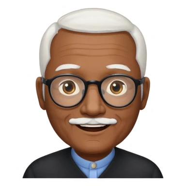 an elderly man with medium-dark skin tone, bald on top with short white hair at the sides, thick white eyebrows, large brown eyes, and wears black-framed glasses.
A small white beard sticker