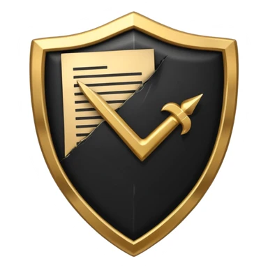 Black and gold emoji of a cracked shield reforming around a checklist with one strong tick, symbolising discipline rebuilt after failure, luxury minimal style, transparent background. sticker