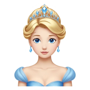 Cinematic Stunning Cinderella Portrait Emoji, Radiant in her sparkling blue ball gown, golden hair in a perfect updo, soft blue eyes full of wonder, glistening tiara, glowing with an ethereal beauty, regal yet kind, a dreamlike aura surrounds her, capturing the essence of a fairy tale princess, elegant and breathtaking! sticker