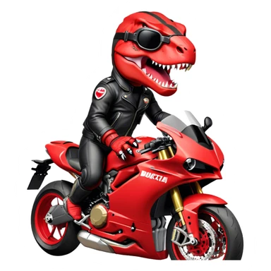 A fierce red T-Rex with a bold, aggressive attitude, dressed as a biker with a black leather jacket, gloves, and aviator goggles. It is riding a black Ducati Panigale, gripping the handlebars tightly. The design should be in a mascot logo style, with thick outlines, vibrant colors, and a dynamic, powerful look. The background should be transparent or nonexistent sticker