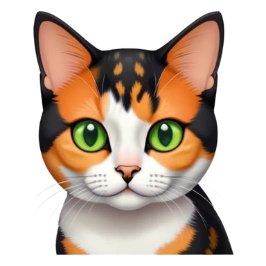 American shorthair calico cat with big green eyes and black fur on the right side of their face and orange on the left side sitting down sticker