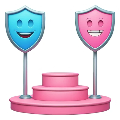 Minimalist 3D emoji-style podium with 2 steps on a green chroma key background. Step 1 (higher) features a handshake icon with blue neon glow. Step 2 (lower) features a smiling tooth with a shield icon and pink neon glow. Clean rendering, soft colors, uniform lighting. sticker
