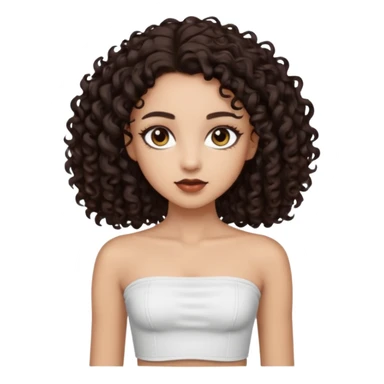 Woman with light skin and super dark brown-almost black colored irises eyes and waist length dark brown curly hair and white tube top with no straps sticker