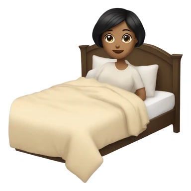 girl with short black hair laying in a big bed with a beige comforter  sticker