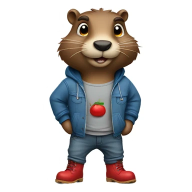 Beaver standing and wearing grey sweatshirt with blue jeans and red boots, he looks chill sticker