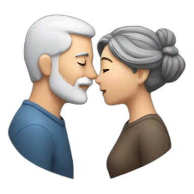 image of woman with dark brown hair kisses and hugs man with gray hair and white beard with floating hearts sticker