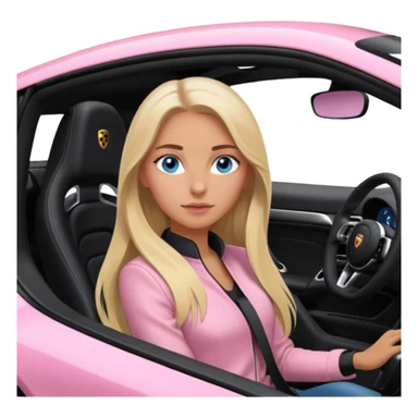 pink Porsche taycan with blonde girl, long hair, blue eyes, sitting in the car, girl in the driver seat, front view point of view, no sunglasses sticker