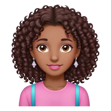 a girl named sharrol with dark brown, skin curly hair, brown eyes, pink shirt, small diamond earrings, and beaty spot on right cheek, with braces sticker