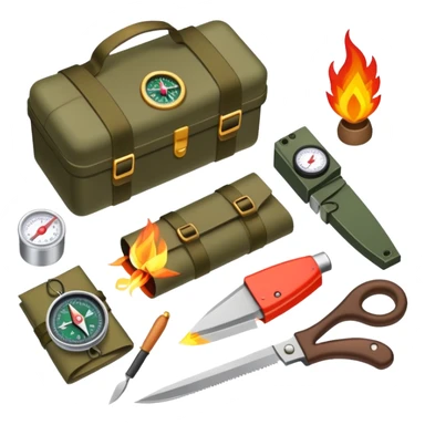bushcraft survival kit with knife, compass, and fire starter sticker