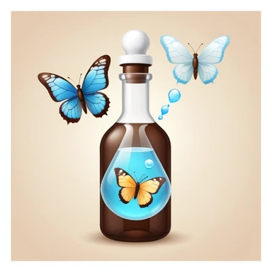 Small dark brown bottle with white cap floating next to a bright translucent butterfly-shaped thyroid icon, representing connection with metabolism and hormonal system sticker